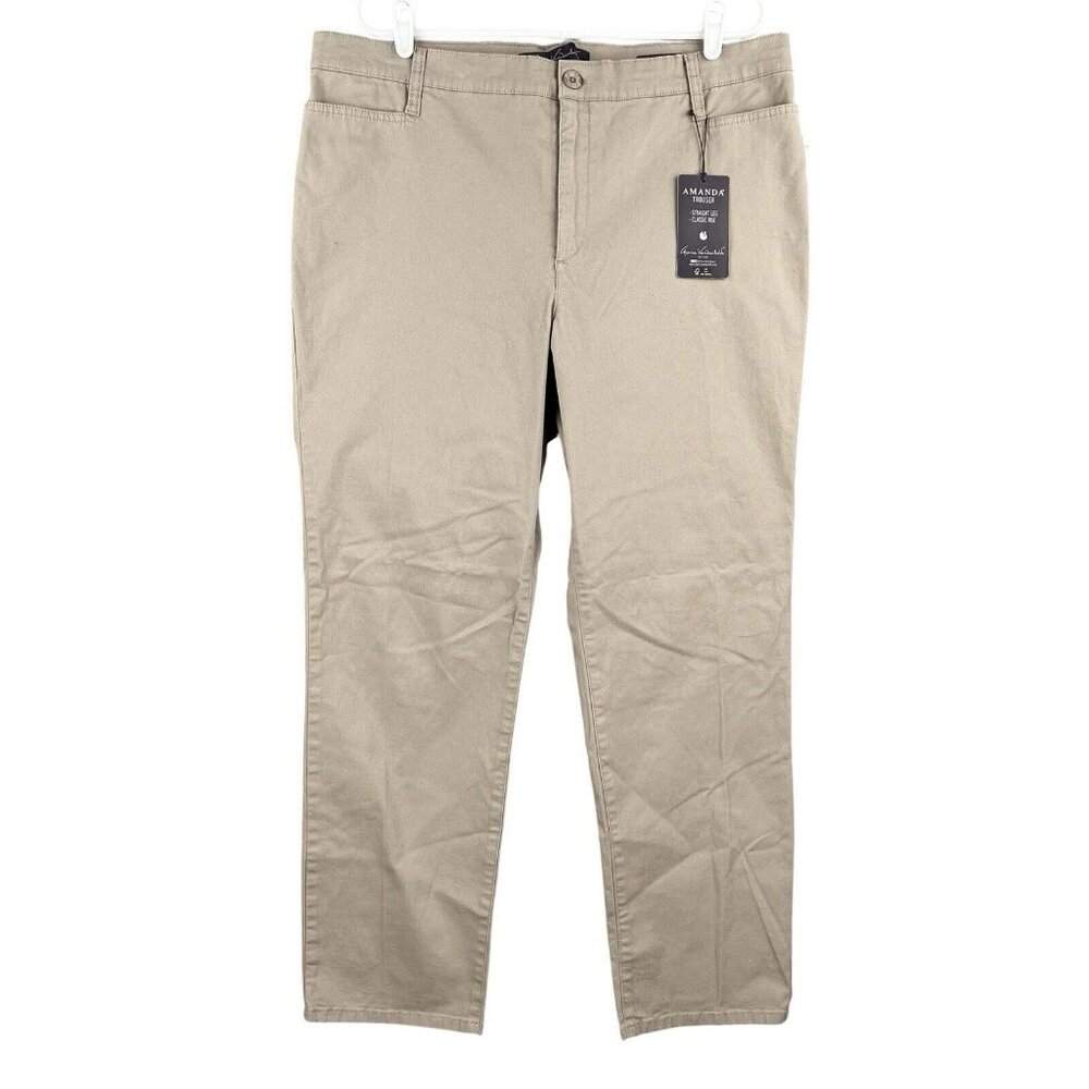NWT Gloria Vanderbilt Womens Stretch Trouser Pants 16W Amanda Khaki Straight Leg